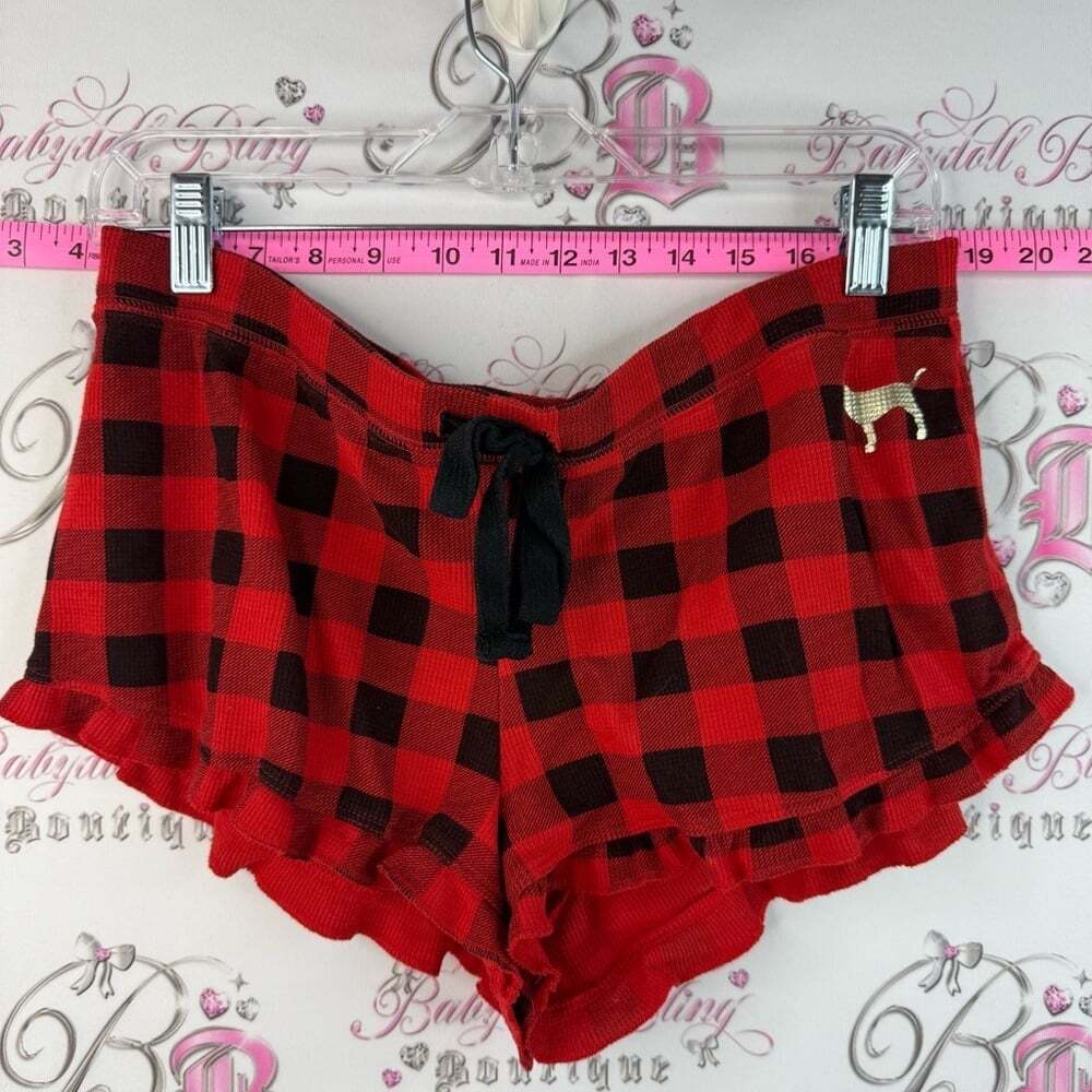 PINK Victoria's Secret Red & Black dog gold Plaid Knit Lounge Shorts